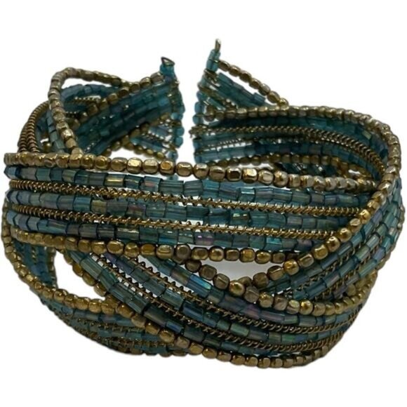 Beaded Cuff Bracelet 6.5" With Blue & Gold Sea Beads - Picture 1 of 7